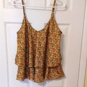 India Made, Sz L, Silk Like, Boho, Yellow and Orange, Tiered Sleeveless Camisole